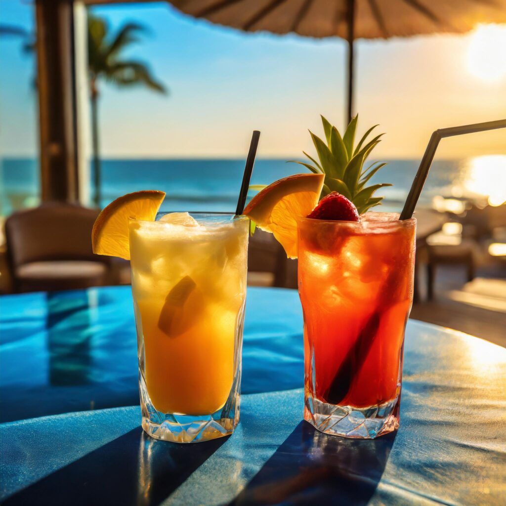 Refreshing berry mocktails with fresh oranges, lemons, cherries, strawberries, peaches, pineapples and blueberries