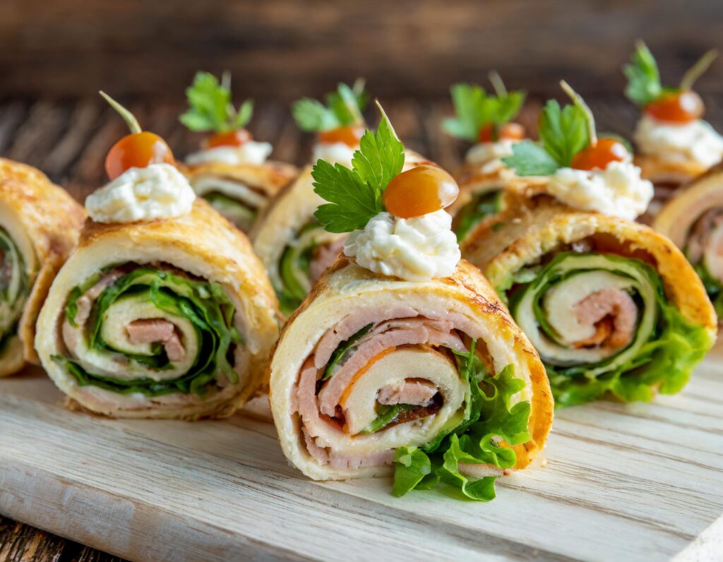 Thinly sliced Ham, White or Cheddar Cheese, fresh Spinach, Cherry Tomatoes, low-sugar Apple or Berry Jelly, softened Creme Cheese, and soft flour bread squares, make up these Ham and Cheese Pinwheels. 